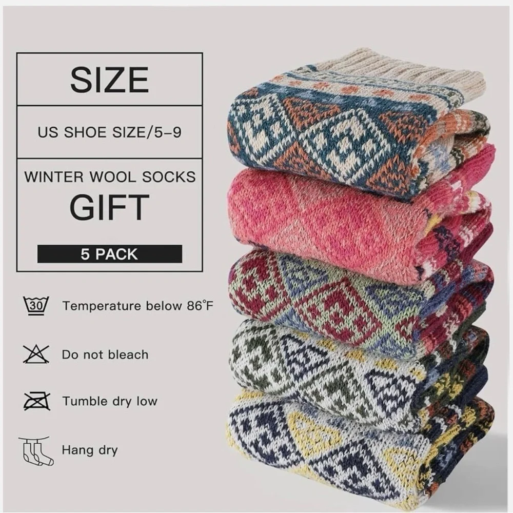 5 pack women’s winter cold weather multi color thermal knit crew socks size 6-10